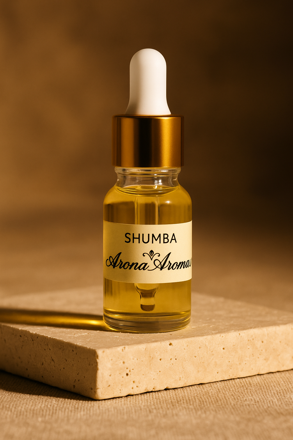 Shumba Aroma Aroma oil dropper bottle on a textured surface with a brown background