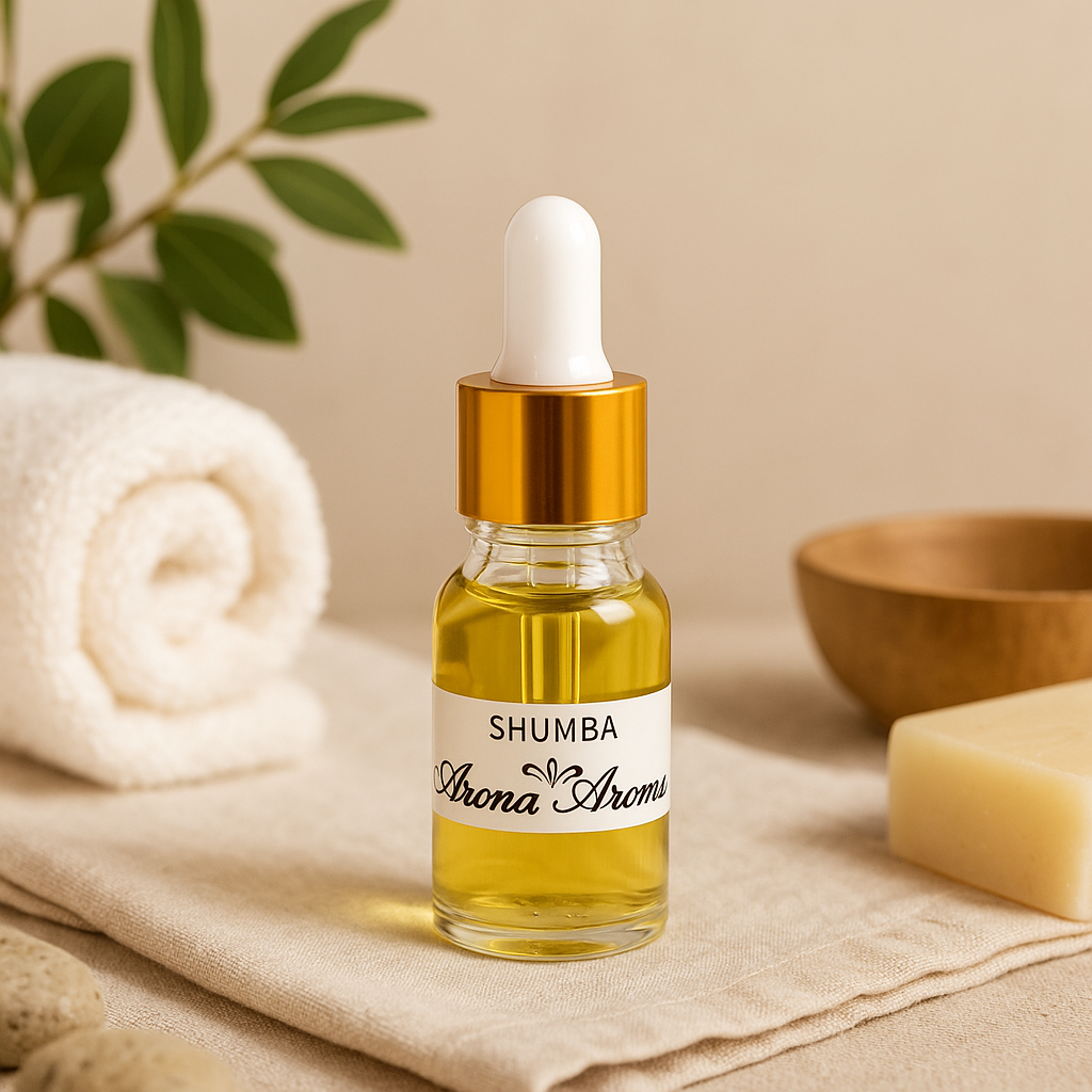 Bottle of Shumba Arona Aroma oil with a dropper on a beige background with towel and soap.